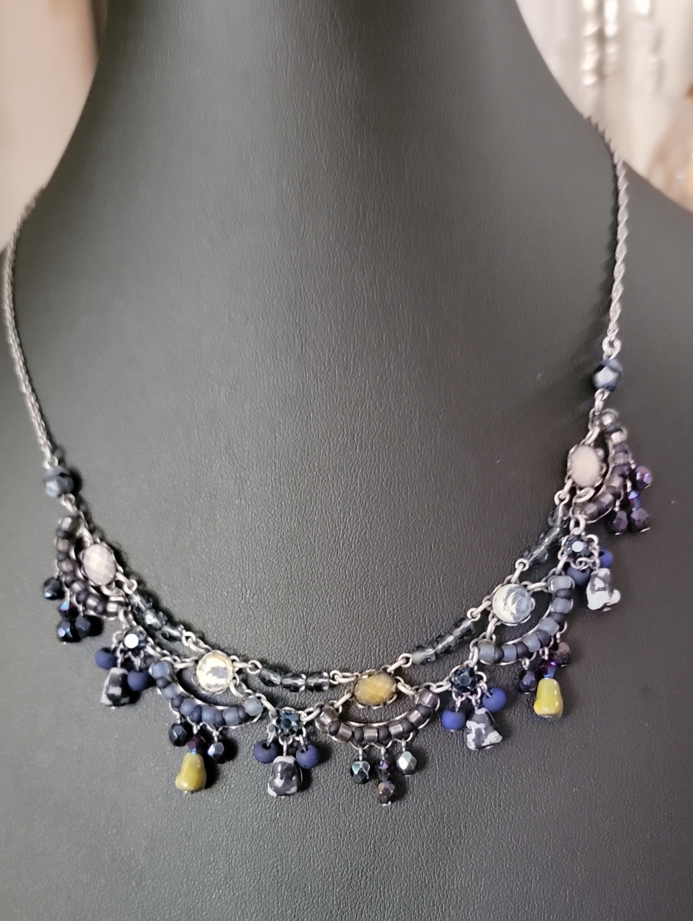 Ayala Bar Delicate Navy Blue and Yellow Beaded Fringe Necklace